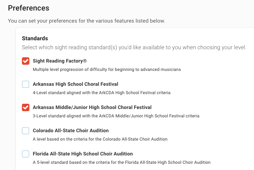 page for choosing standards