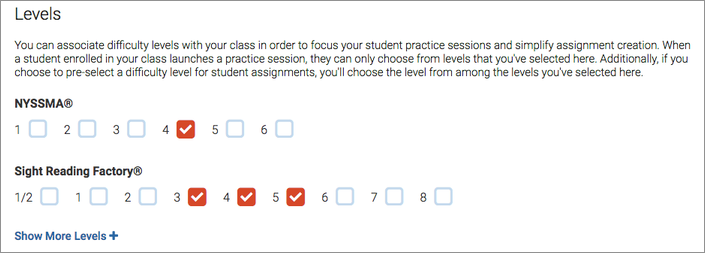 page for limiting the students' level choices